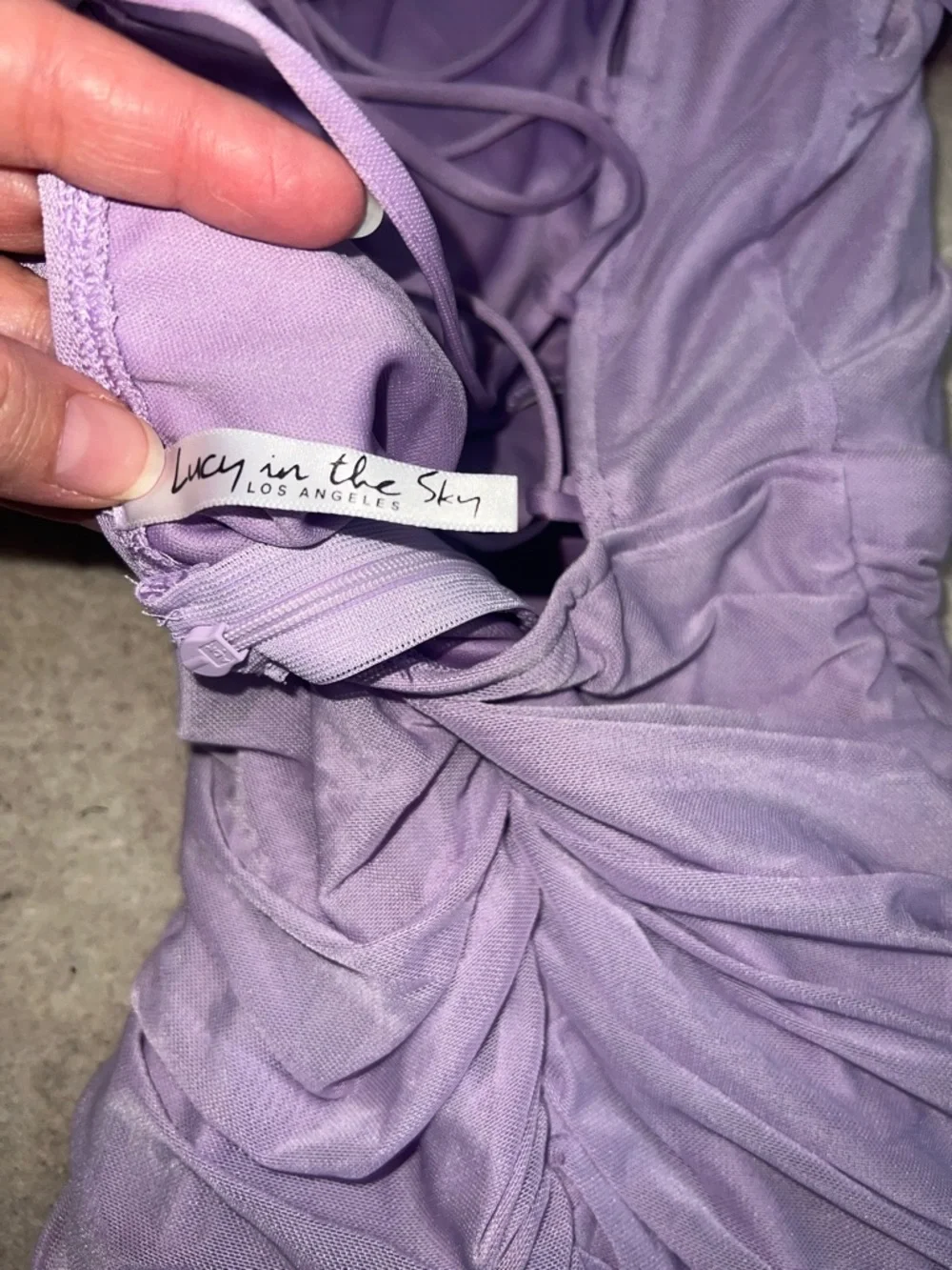 NWOT Lucy in the Sky Lavender Ruched Wrap Power Mesh Long Sleeve Mini Dress - Picture 12 of 12